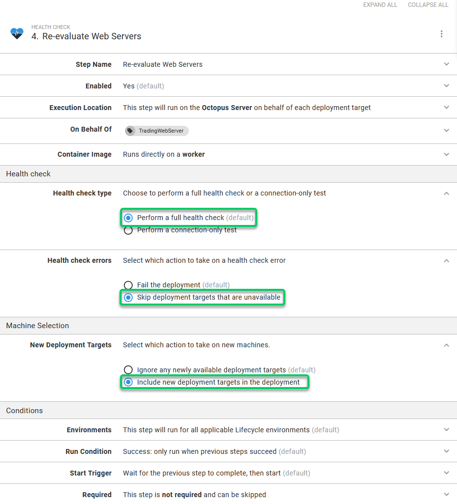 A Health Check step set to exclude unavailable targets and include new ones