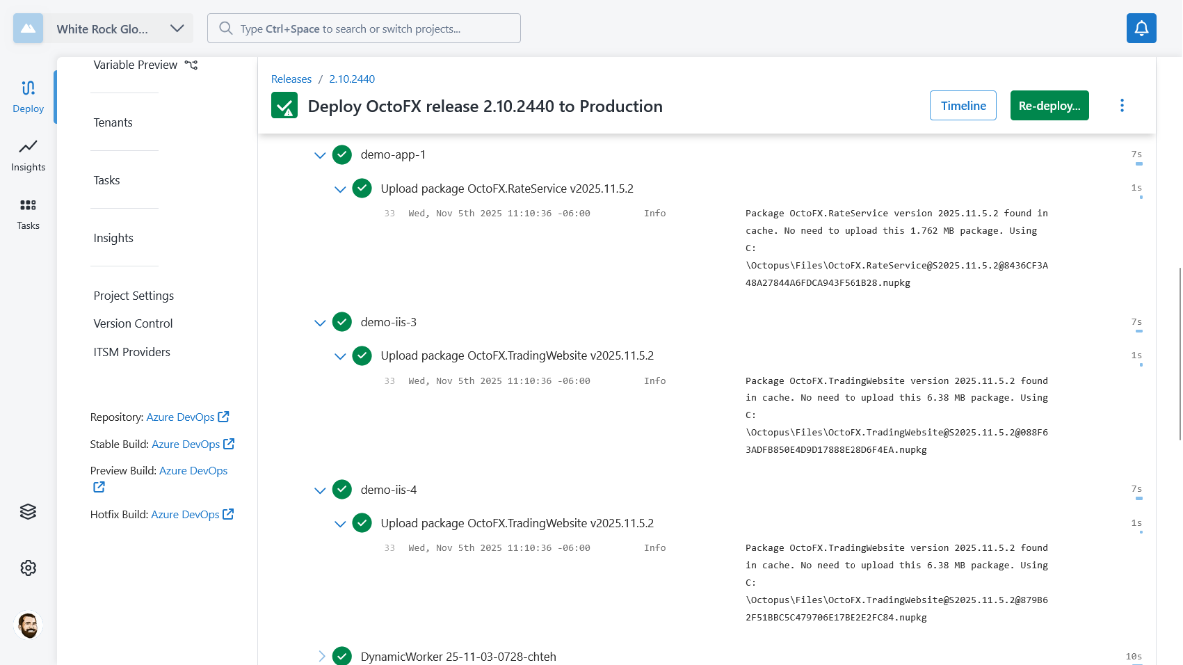 Acquisition logs showing packages found in the cache in the main project