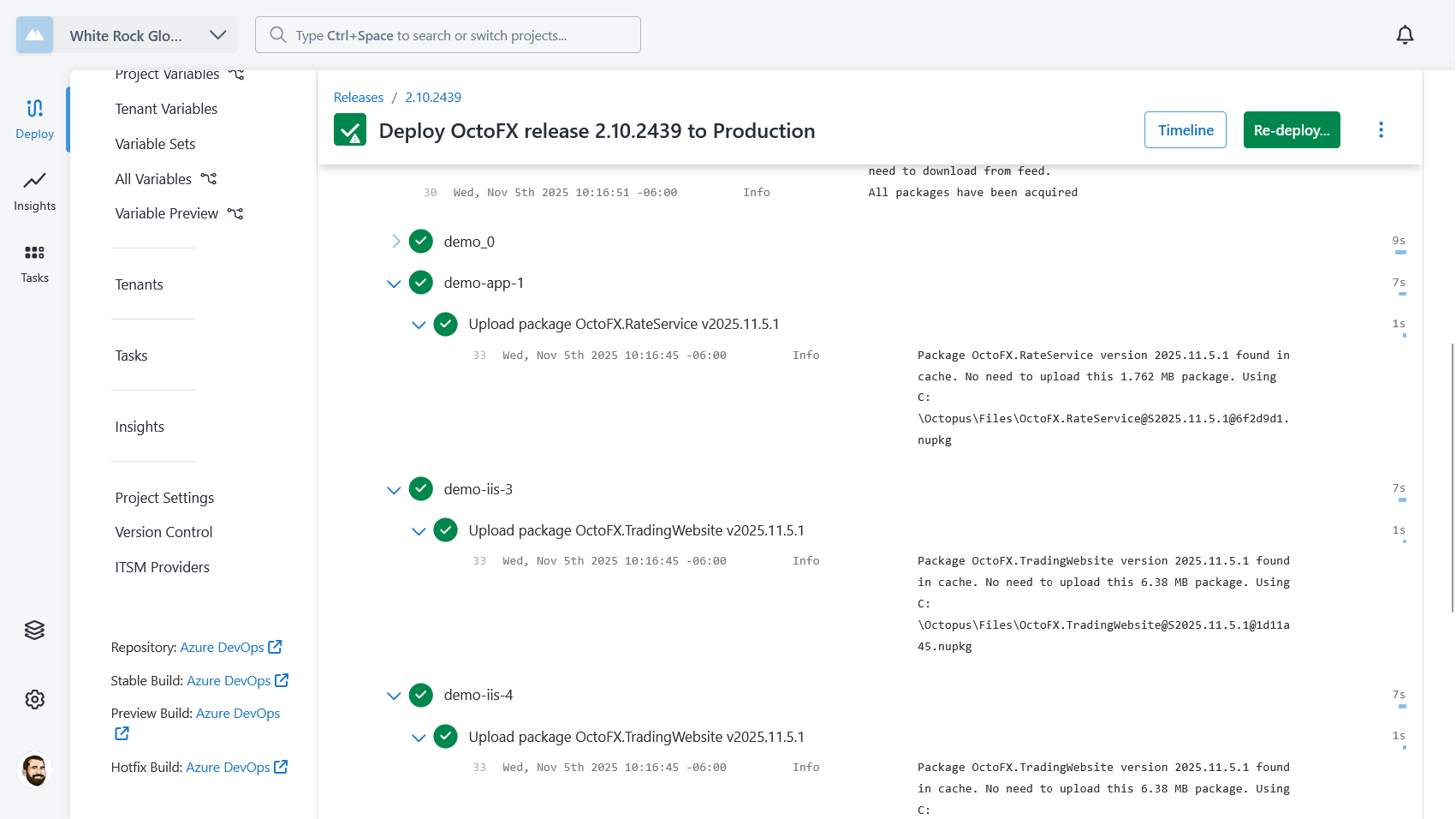 Acquisition logs showing packages found in the cache during the Production phase
