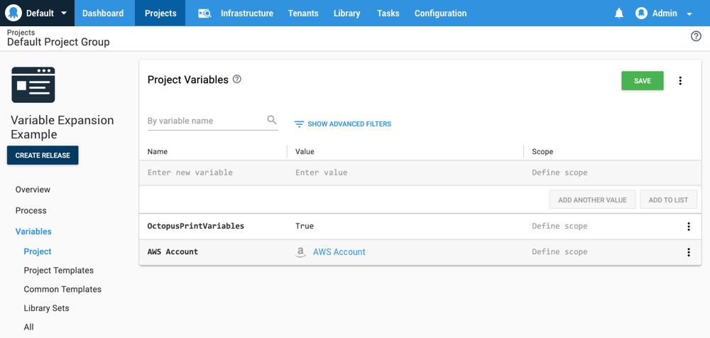 A project variables screen showing two variables. The first, OctopusPrintVariables, has a value of ‘True’. The second, AWS Account, has a value with AWS Account type