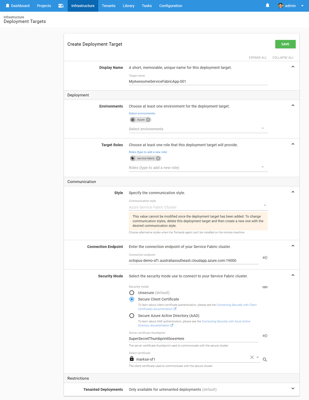Creating an Azure Service Fabric Cluster target