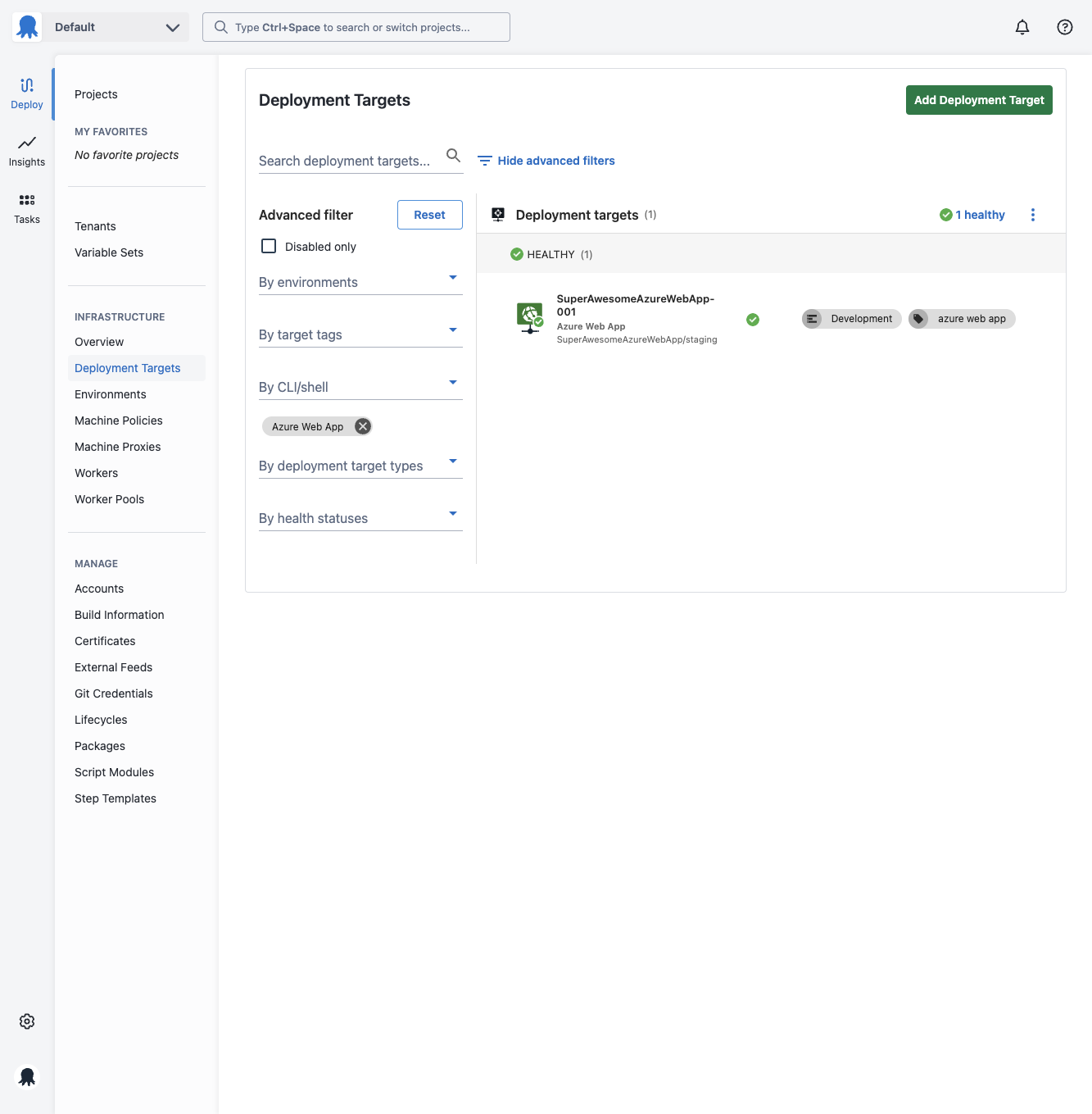 A healthy Azure Web App target in the Deployment Targets list