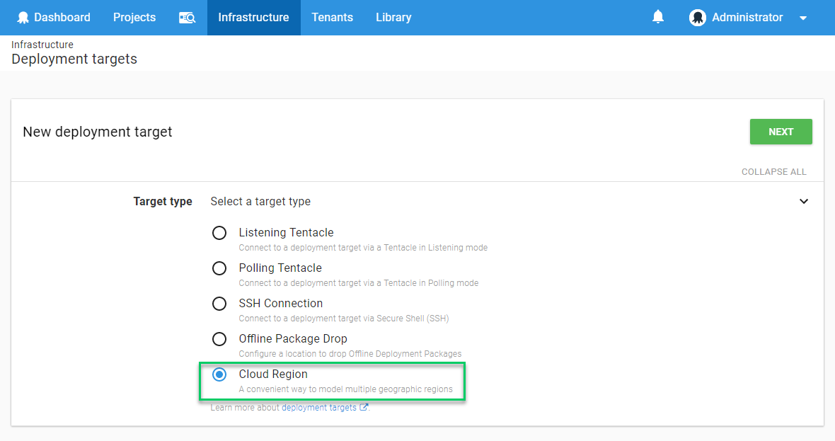 Cloud Region in the list of deployment target types