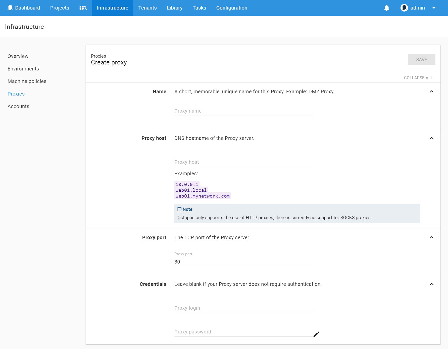 Creating a proxy under Infrastructure ➜ Proxies