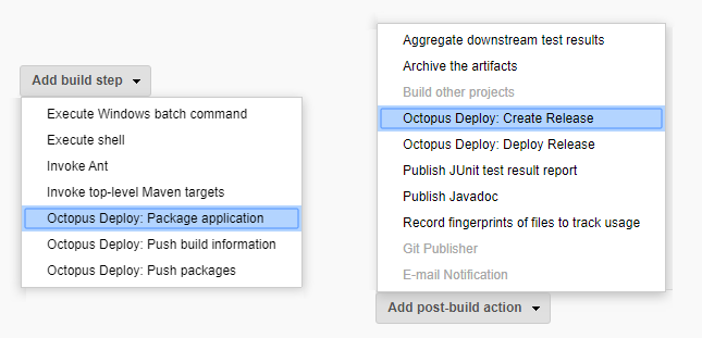 The Octopus Deploy actions available in Jenkins