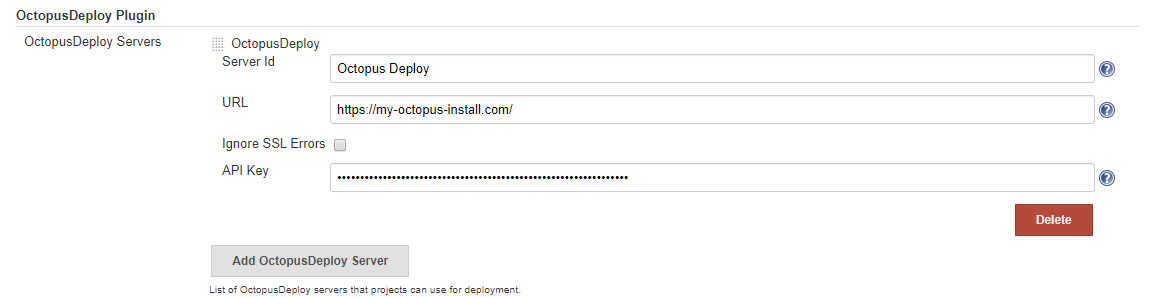 The Octopus Deploy servers section of the Jenkins configuration