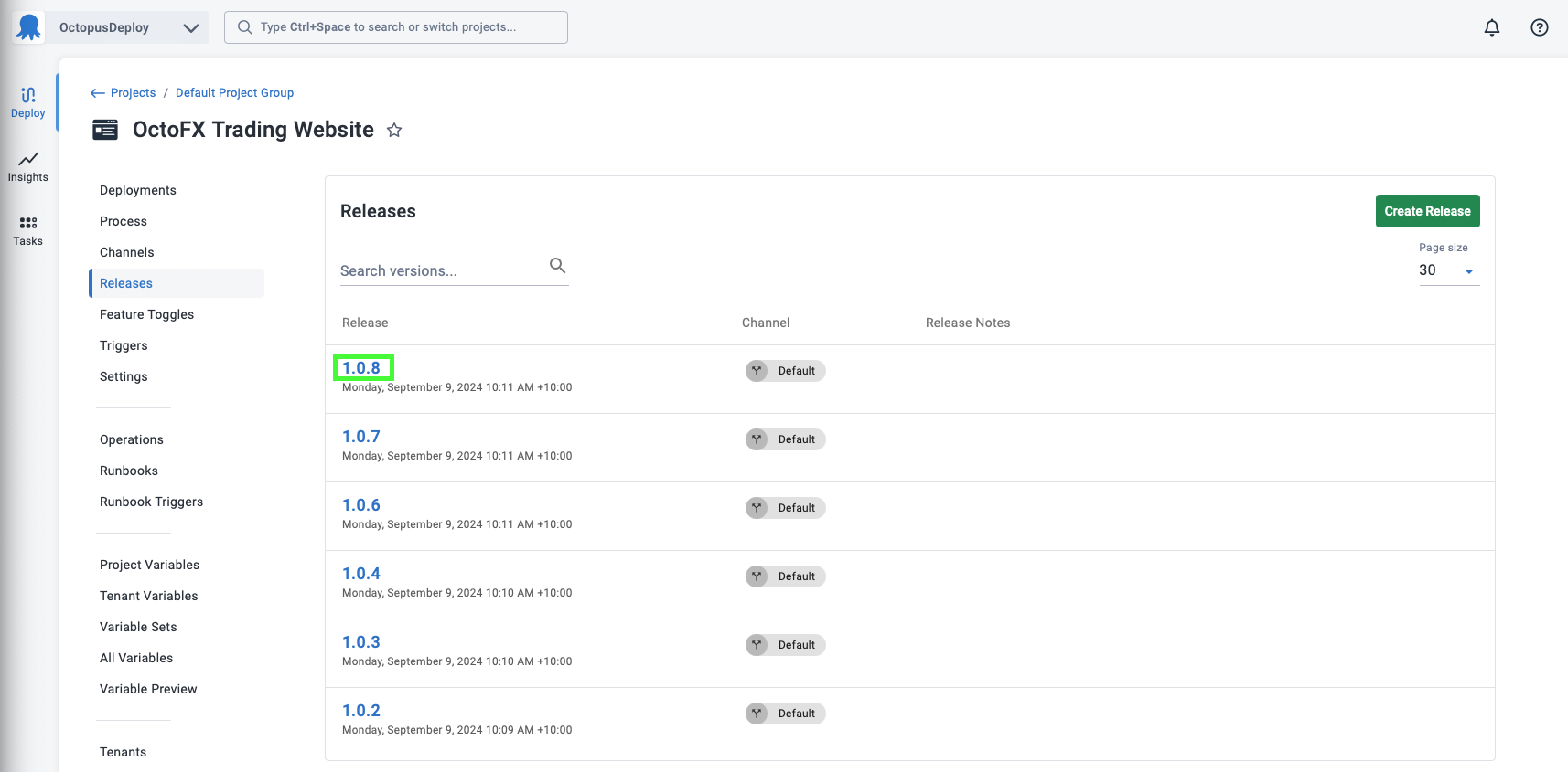 The release page of a project