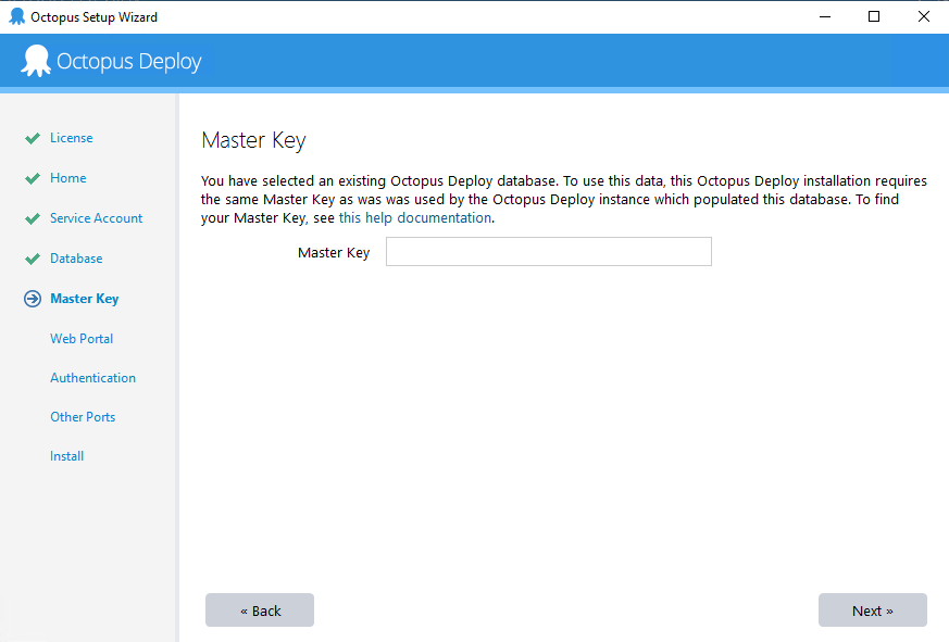 The prompt to enter the Master Key for an existing database