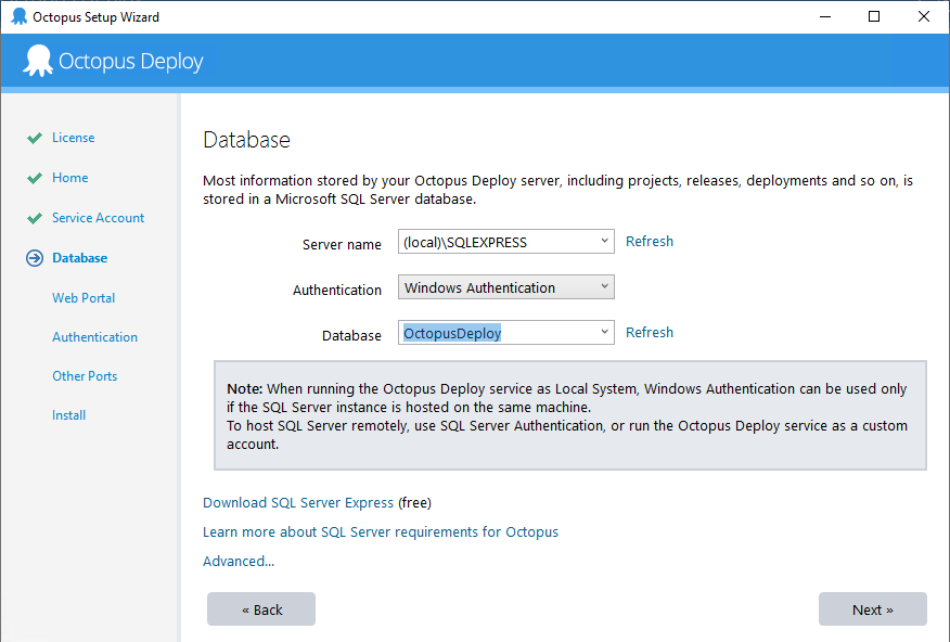 Selecting the pre-existing database in the Octopus Manager wizard
