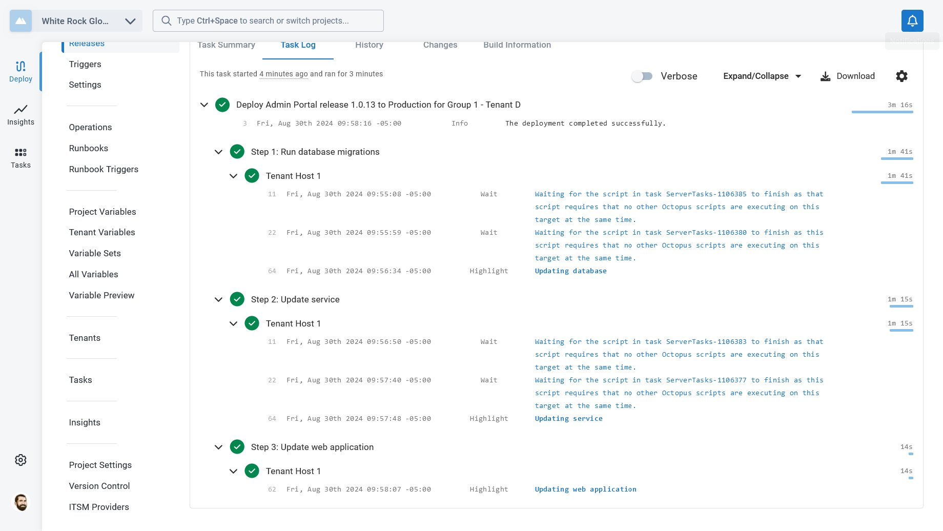 The task log for Group 1 - Tenant E, with each step waiting on other tasks