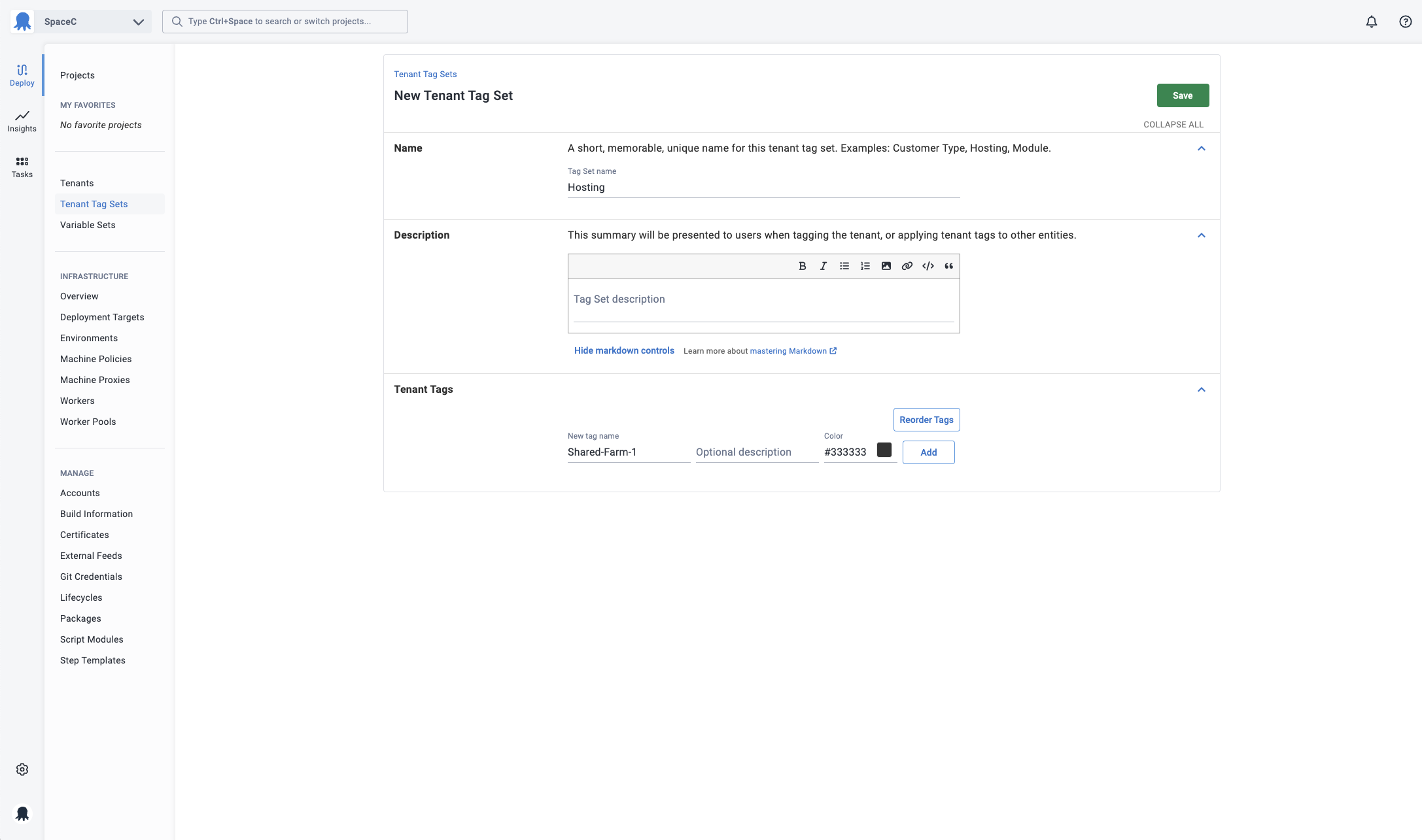 A green Shared-Farm-1 tag in a tenant tag set