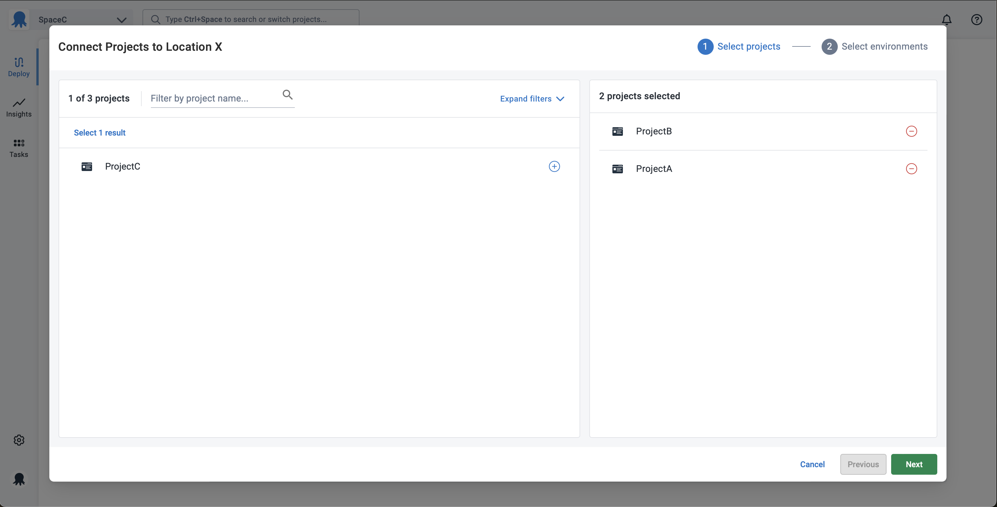 Choosing projects to connect in the connect projects wizard