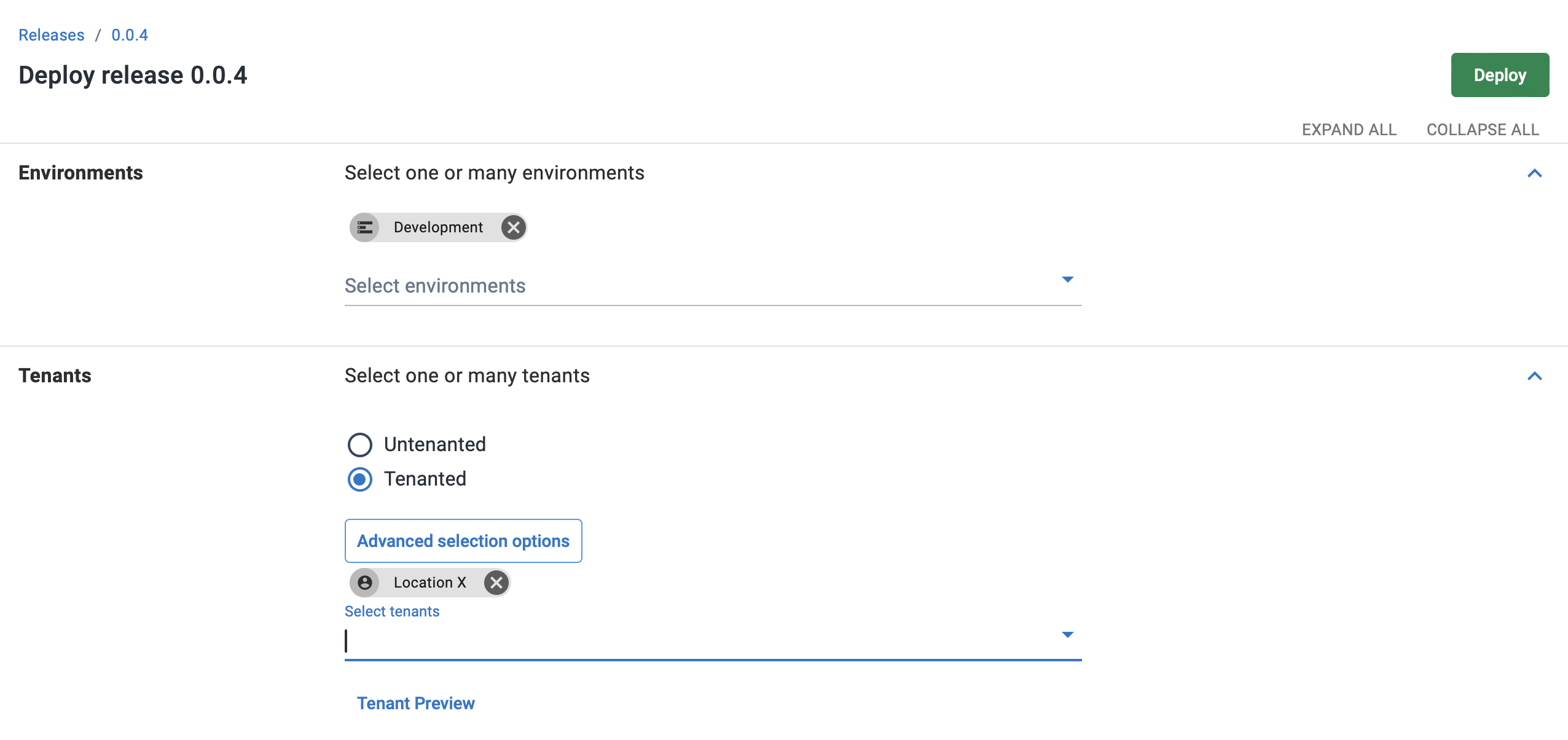 Choosing Tenanted on the deployment screen to deploy to specific tenants